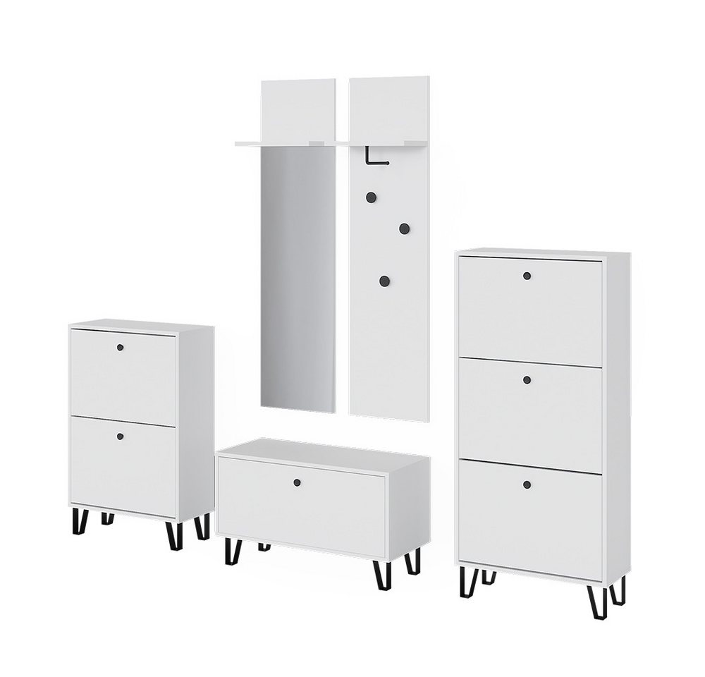 Vicco Spiegelschrank Siri, Weiß, Set mit Garderoben, Sitzbank und Schuhschränken von Vicco