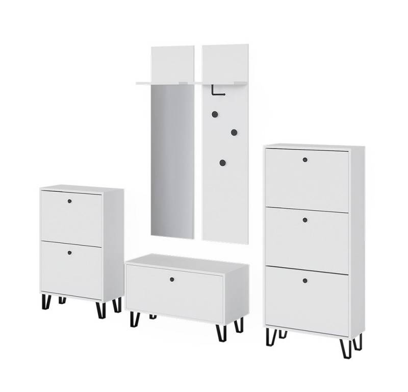 Vicco Spiegelschrank Siri, Weiß, Set mit Garderoben, Sitzbank und Schuhschränken von Vicco