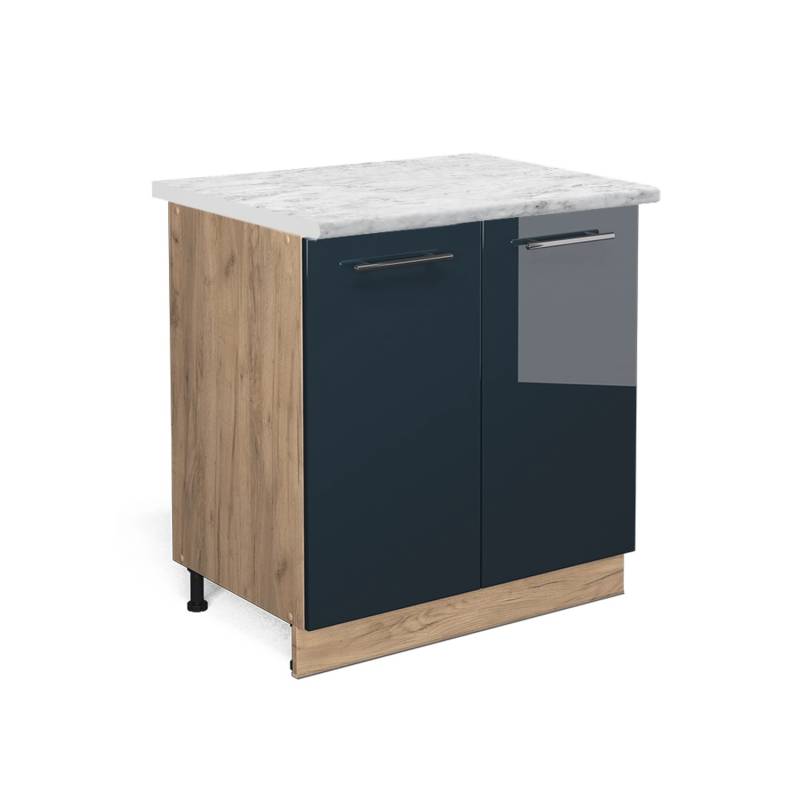 Vicco Spülenunterschrank Fame-Line Dunkelblau Hochglanz/Goldkraft Eiche 80 cm mit Regal AP Marmor von Vicco