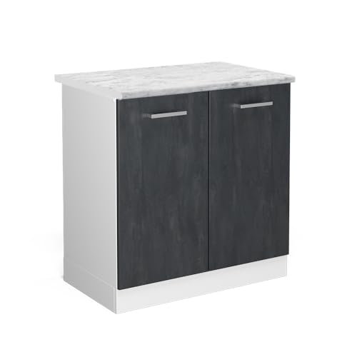 Vicco Spülenunterschrank R-Line, Küchenunterschrank für die Spüle, Schwarz Beton/Weiß, 80 cm AP Marmor von Vicco