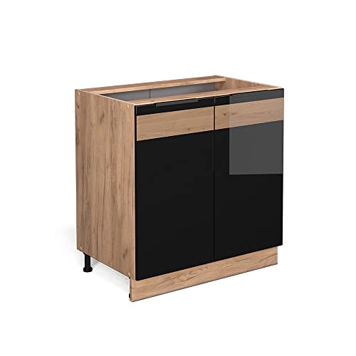 Vicco Spülenunterschrank Fame-Line, Schwarz-Eiche Hochglanz/Goldkraft Eiche, 80 cm mit Regal, ohne Arbeitsplatte von Vicco