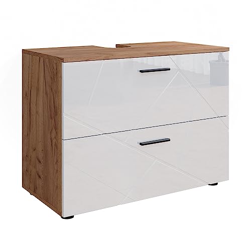 Vicco Waschbeckenunterschrank Weiß Hochglanz/Goldkraft Eiche Irma 80x59x41 cm - Unterschrank für das Badezimmer, Übersichtliche Aufbewahrung durch großzügige Schublade von Vicco