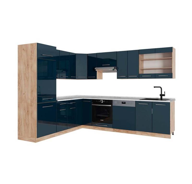 Vicco Winkelküche Fame-Line, Dunkelblau Hochglanz/Goldkraft Eiche, 227 x 287 cm, AP ... von Vicco