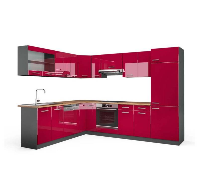 Vicco Winkelküche R-Line, Bordeaux Hochglanz/Anthrazit, 227 x 287 cm, AP Eiche von Vicco