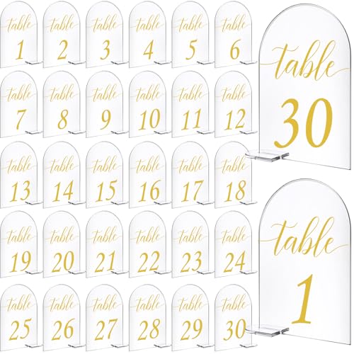 Vicenpal 30 Sets Bogen Acryl Schild Gold Bedruckt 130 Tischschilder mit Ständer Kalligraphie Transparent Tischnummer Display Ständer für Hochzeit Empfang Event Party Restaurant Tafelaufsätze Dekor von Vicenpal
