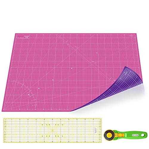 Schneidematte-Set A1 (60x90cm), beidseitig mit Raster (Pink/Lila), inkl. Rollschneider, Lineal 60x15cm Patchwork- Quilt von Vicien