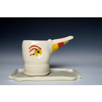 Tukan Krug Und Untertasse, Handgemachte Keramik Krug, Ton Milchkännchen, Handgemacht Mit Porzellan von VickiFinkelCeramics