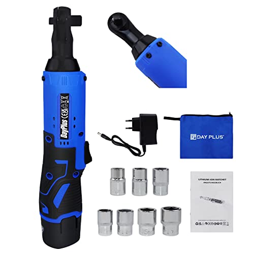 Handgehaltenes Elektrisches Ratschenschlüssel Kit, Batteriebetriebener 12V Ratschenschlüssel, 90° Rechtwinklige 3/8 Antriebsratsche mit 2 Stück 1500mAh Lithium-Ionen-Akku und Ladegerät, 7 Steckdosen von VickyHome