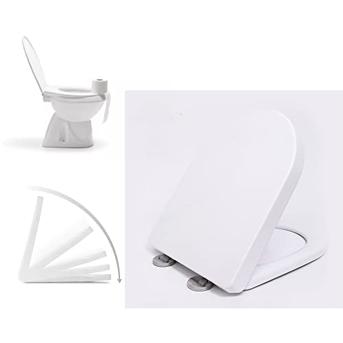 Rutschfester WC-Sitz mit Soft-Close-Funktion, Weißer Kunststoff-Toilettensitz mit Schnellverschluss, Rechteckiger Deckel für Bessere Hygiene, D-Form (470 x 365 mm), Einfache Reinigung von VickyHome