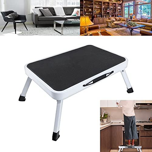 Stahl-Trittleitern, Zusammenklappbare Trittleiter, Leichter Tritthocker, 1 Trittstufe, rutschfeste Innenhockertreppe mit Hand- und Sicherheitsknopf für Haushalt und Büro von VickyHome