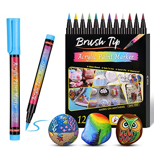 Vicloon 12 Farben Acrylstifte für Steine Wasserfest, Permanent Steine Bemalen Acrylstifte, Acrylmarker Set für Geschenkekarte, Stein, Keramik, Textilien, Kunststoff, Basteln (1-6 mm) von Vicloon
