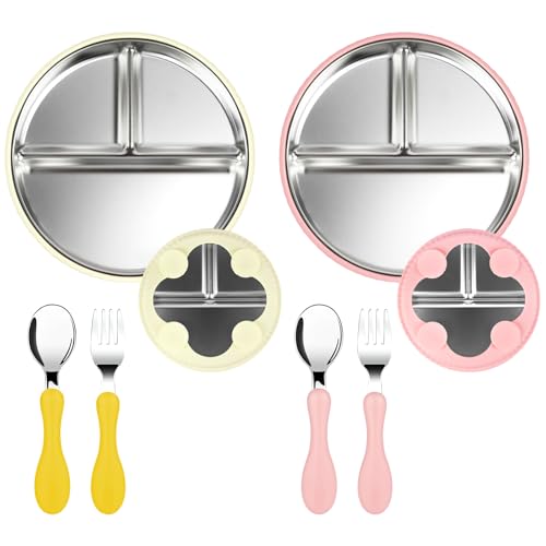 Vicloon 2 Stück Edelstahl Baby Teller mit Saugnapf & 2er-Pack Löffel und Gabel, Kinderteller mit Entfernbarer Silikon Hülle, Rutschfestes Kleinkind Fütter Set, BPA-frei, Spülmaschinenfest (Weiß/Rosa) von Vicloon