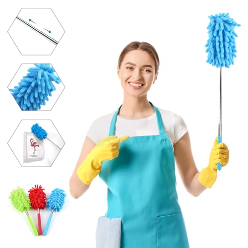 Vicloon 3 Pcs Staubwedel Teleskop Mop Dusters Extendable Duster Staubwedel Lang Ausziehbar Staubwedel Waschbar Soft Dusting Remover Microfibre Duster Dust Wipe Cleaner Telescopic Duster, Rot/Blau/Grün von Vicloon