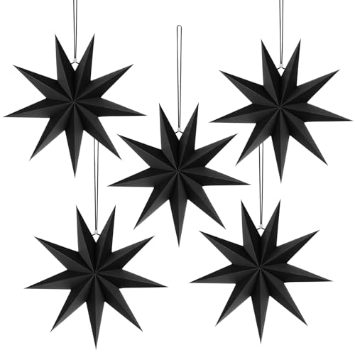 Vicloon 5 Stück Faltstern Weihnachten, 9 Zacken Faltsterne, 30cm Papier Stern Dekoration, Papiersterne zum Aufhängen für Weihnachtsdeko, Fensterdeko, Hochzeit, Geburtstag, Advent (Schwarz) von Vicloon