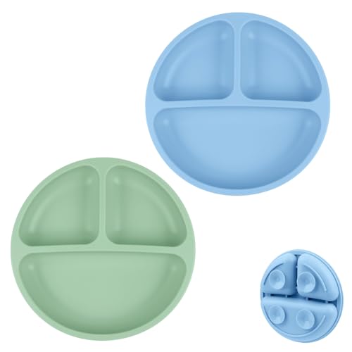 Vicloon Baby Teller, 2Pcs Silikon Rutschfester Baby Tischset Saugnapfschale für Babys, BPA Frei, Geteilte Standfeste Babyteller Kleinkind Teller für Kleinkind und Kinder(Graublau/Dunkelgrün) von Vicloon