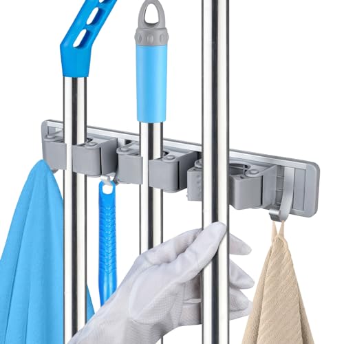 Vicloon Besenhalterung Wand,Besen Mop Halter Wandhalterung,Besenhalter Gerätehalter mit 3 Halter und 4 Haken,Halterung Organizer für Zuhause, Küche, Garage, Garten von Vicloon