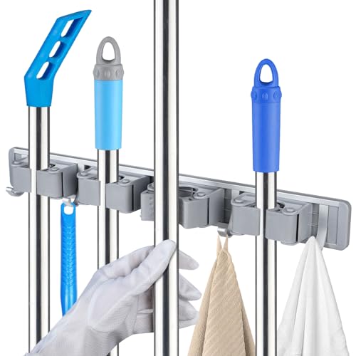 Vicloon Besenhalterung Wand,Besen Mop Halter Wandhalterung,Besenhalter Gerätehalter mit 4 Halter und 5 Haken,Halterung Organizer für Zuhause, Küche, Garage, Garten von Vicloon