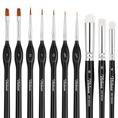 Vicloon Drybrush Set,3 Ziegenhaar Pinsel und 7 Feine Detailing Pinsel, 10 Größen Miniatur Trockenpinsel, Miniature Pinsel Set für Modell Bemalen von Vicloon