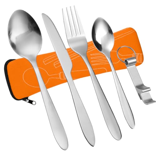 Vicloon Edelstahl Besteck Campingbesteck, 6 Stück Reisebesteck Camping mit Gabel, Löffel, Flaschenöffner und Bestecktasche, für Reise Picknick (Orange), (V-GB-ORG-FBA) von Vicloon