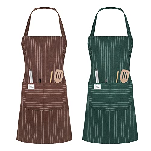 Vicloon Küchenschürze,2 Stück verstellbare Schürze mit 2 Taschen,Maschinenwaschbar, farbecht Schürze für Männer Damen Küche Restaurant Café -Braun & Grün von Vicloon