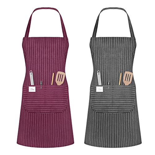Vicloon Küchenschürze,2 Stück verstellbare Schürze mit 2 Taschen,Maschinenwaschbar, farbecht Schürze für Männer Damen Küche Restaurant Café -Grau & Weinrot von Vicloon