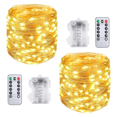 Vicloon Lichterkette Batterie, 2 Stück 10M 100 LED Lichterkette mit Fernbedienung und Timer, 8 Modi Außenbeleuchtung Wasserdichte IP65, Warmweiß Innen Lichterketten für Weihnachten,Schlafzimmer, Party von Vicloon