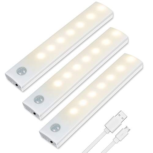 Vicloon LED Sensor Licht, 3 Stück Wiederaufladbar Warmweiß Schranklicht mit Bewegungsmelder & Magnetstreifen, LED Schrankbeleuchtung für Küche, Kleiderschrank, Treppe, Schublade, Dachboden, Flur… von Vicloon