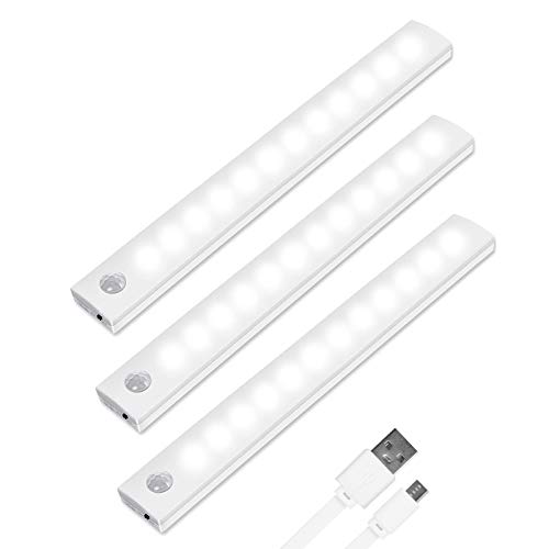 Vicloon LED Sensor Licht 12 LED, 3 Stück LED Schrankbeleuchtung mit Bewegungsmelder+Magnetstreifen, Auto/ON/OFF, Wiederaufladbar Schranklicht für Küche,Kleiderschrank,Treppe,Schublade,Flur - Weiß von Vicloon