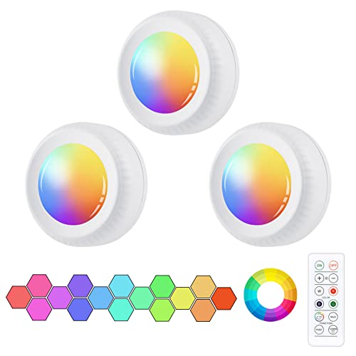 Vicloon LED Spots ​Batteriebetrieben mit Fernbedienung, 3 Stück RGB LED Schrankbeleuchtung 16 FarbenDimmbar,Mit Magnet/Kleber für Schlafzimmer, Kleiderschrank, Kabinett, Küche von Vicloon