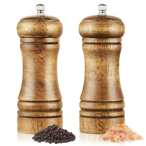 Vicloon Salz und Pfeffermühle,2er Set Hölzern Gewürzmühle mit 2 Reinigungspinsel,Manuell Pfeffermühle,Verstellbarem Holz mühle für Gewürze Pfeffer Salz -14.5cm von Vicloon
