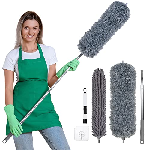 Vicloon Staubwedel Teleskop, Staubwischer Mikrofaser Bis 245cm Länge, mit Mini Fenster Reinigungsbürste und Edelstahl Teleskop Stange,Extendable Feather Duster Waschbar - Grau von Vicloon