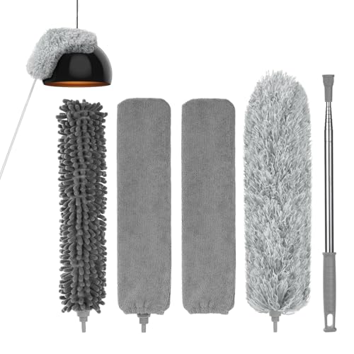 Vicloon Staubwedel Teleskop, 7pcs Mikrofaser Duster Bis 243cm Länge, Teleskopstiel Eckbesenwaschbar, Mit Edelstahl Teleskop Stange Und Mini Fenster Reinigungsbürste Verbiegbare Reinigt Ecken von Vicloon