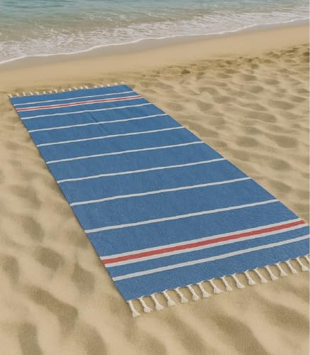 Vico Casa® Strandtuch Riviera Groß 90x200cm, Baumwoll-Strandtuch mit Streifenmuster/Strand-, Pool- und Saunatuch/Blau und Rot von Vico Casa