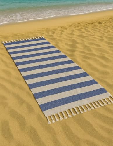 Vico Casa® Strandtuch VERSILIA Groß 90x200cm, Baumwoll-Strandtuch mit Streifenmuster/Strand-, Pool- und Saunatuch/Blau und Weiß von Vico Casa