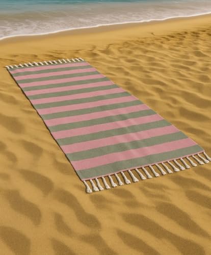 Vico Casa® Strandtuch VERSILIA Groß 90x200cm, Baumwoll-Strandtuch mit Streifenmuster/Strand-, Pool- und Saunatuch/Koralle und Grün von Vico Casa