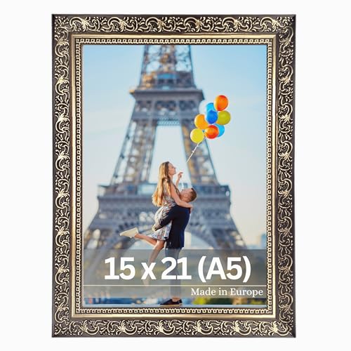 VictoR Bilderrahmen Vinci - 15x21cm (A5) - Schwarz Gold - Vintage Barock - verzierte Leiste 22x20mm - bruchsicheres Acrylglas - MDF-Rückseite - für Hoch- und Querformat - Made in Europe von VictoR