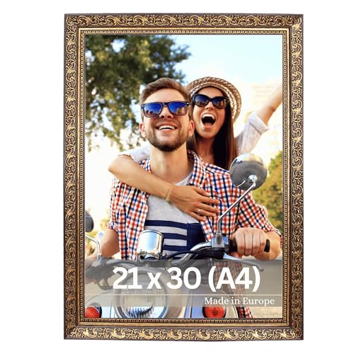 VictoR Bilderrahmen Vinci - 21x30 cm (A4) Braun Gold - Vintage Barock - verzierte Leiste 22x20mm - bruchsicheres Acrylglas - MDF-Rückseite - für Hoch- und Querformat - Made in Europe von VictoR