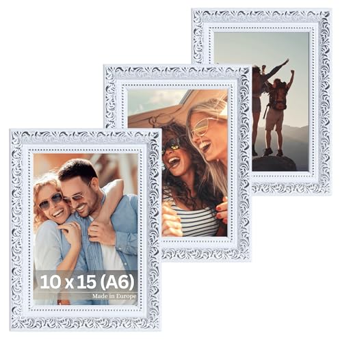 VictoR Vintage Bilderrahmen „Rubens“ 3er Set in 10x15 cm (A6) Weiß Silber - Leiste: 30x20mm - Echtglas - Fotorahmen Barock - Antik - Bilderrahmen Set A6 Vintage von VictoR