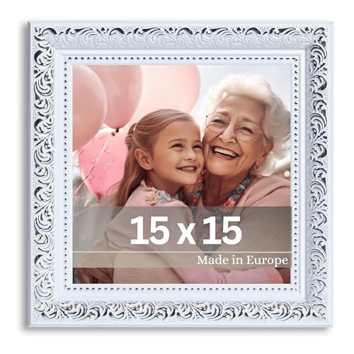 VictoR Vintage Bilderrahmen „Rubens“ in 15x15 cm Weiß Silber - Leiste: 30x20mm - Echtglas - Fotorahmen Barock - Antik - Bilderrahmen 15x15 Weiß - Quadratisch von VictoR