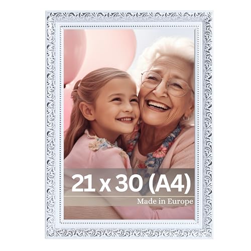 VictoR Vintage Bilderrahmen „Rubens“ in 21x30 cm (A4) Weiß Silber - Leiste: 30x20mm - Echtglas - Fotorahmen Barock - Antik - Bilderrahmen 20x30 Vintage - Fotorahmen A4 Weiß von VictoR