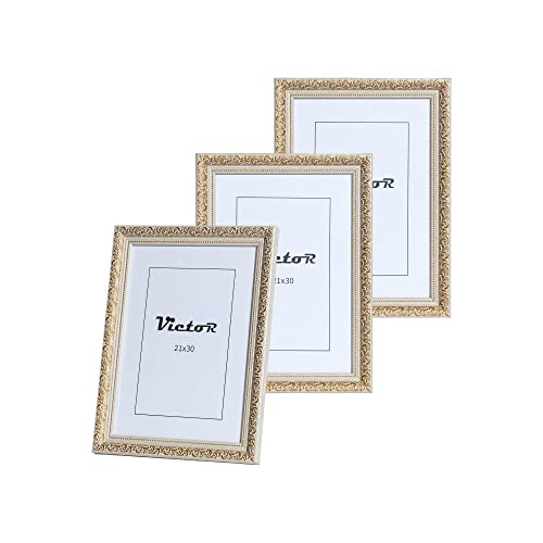 VictoR Vintage Bilderrahmen „Rubens“ 3er Set in 21x30 cm (A4) Gold Beige - Leiste: 30x20mm - Echtglas - Bilderrahmen Barock - Antik - Bilderrahmen 20x30 Vintage - Bilderrahmen A4 Gold von VictoR