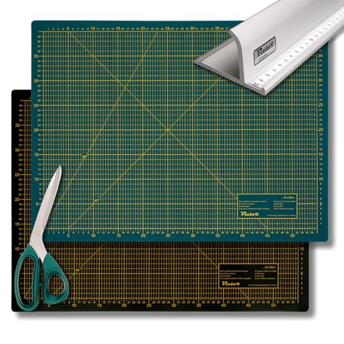 Victor Schneidematten Set Grün Schwarz 45x60cm 3-lagig Schneidematte A2 selbstheilend inklusive Schere und Schneidelineal 52cm aus Aluminium von VictoR