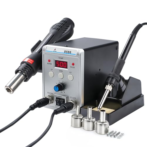 Victool Lötstation, 2 in 1 Heißluft Lötstation Lötkolben Set 8586 mit 3 Luftdüsen, Einstellbare Temperatur 200-480°C, Digitalanzeige, Profi für Elektrische Arbeiten Elektronische Reparatur von Victool