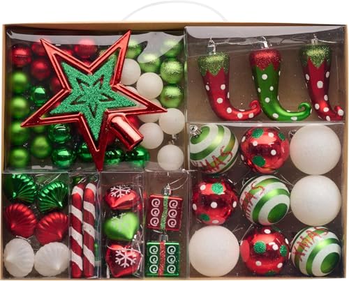 Victor's Workshop Weihnachtskugeln 70 TLG. Kunststoff Christbaumkugeln Weihnachtsdeko Set Plastik Christbaumschmuck für Weihnachtsbaum Dekoration Party Hausdeko Elfen Thema Rot Grün Weiß von Victor's Workshop
