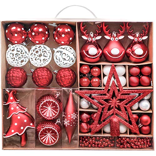 Victor's Workshop Weihnachtskugeln 92 TLG. Christbaumkugeln Set, Plastik Christbaumschmuck für Weihnachtsbaum Dekoration Feierlichkeiten Weihnachtsdeko Party Hausdeko Oh Hirsch Thema Rot Weiß von Victor's Workshop
