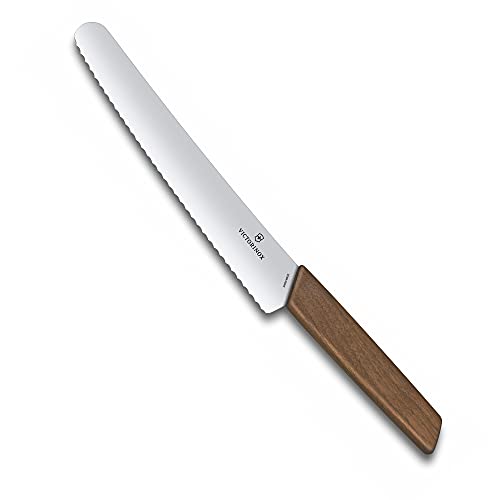 Victorinox, Swiss Modern, Profi Brot- und Konditormesser, Extra Scharfe Klinge, Wellenschliff, 22 cm, Edler Holzgriff, Rostfreier Stahl, braun von Victorinox