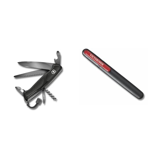 Victorinox, Taschenmesser, Ranger 55 Onyx Black, 130 mm, schwarz (13 Funktionen, Feststellklinge, Dosenöffner, Schraubendreher 3 mm) & Dual Messerschärfer, Schärfen von geraden Klingen, schwarz/rot von Victorinox