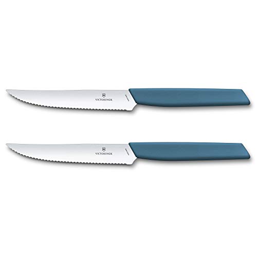 Victorinox Swiss Modern, Profi Steakmesser Set, 2-teilig, Extra Scharfe Klinge, Wellenschliff, 12 cm, Rostfreier Stahl, blau von Victorinox