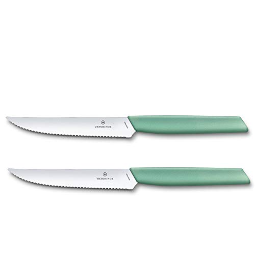 Victorinox, Swiss Modern, Profi Steakmesser-Set, 2-teilig, Extra Scharfe Klinge, Wellenschliff, 12 cm, Robuster Kunststoffgriff, Rostfreier Stahl, mint grün von Victorinox