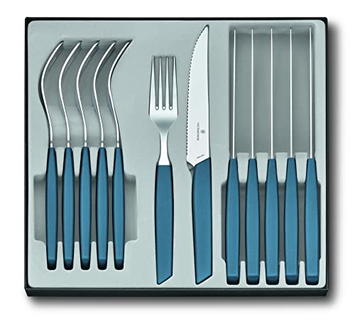 Victorinox Swiss Modern Besteck-Set für 6 Personen, 12-teilig, inkl. scharfe Steakmesser mit Wellenschliff, Kunststoffgriffe, Kornblumen-Blau von Victorinox